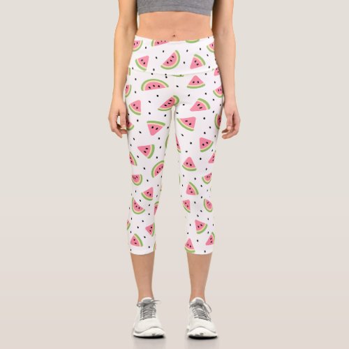 Pink Watermelons Watermelon Seeds Summer Pattern Capri Leggings