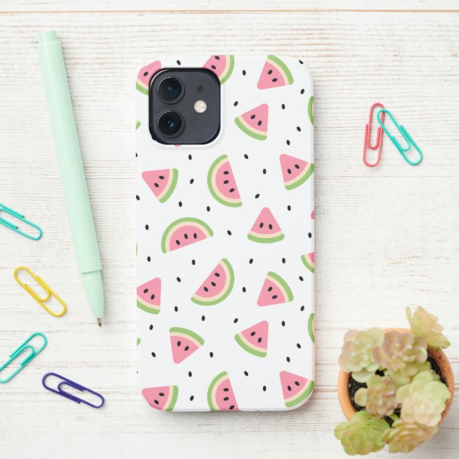 Pink Watermelons, Watermelon Seeds, Summer Pattern iPhone Case (On Desk)