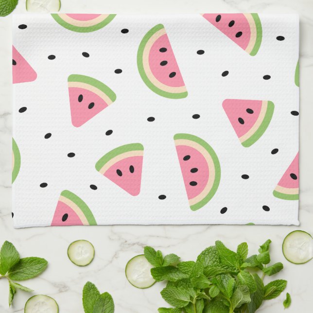 Pink Watermelons, Watermelon Seeds, Summer Pattern Kitchen Towel (Folded)