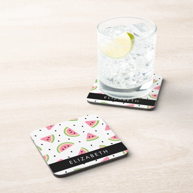 Pink Watermelons, Watermelon Seeds, Your Name Beverage Coaster (Right Side)