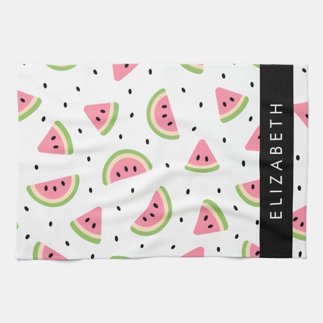 Pink Watermelons, Watermelon Seeds, Your Name Kitchen Towel (Horizontal)