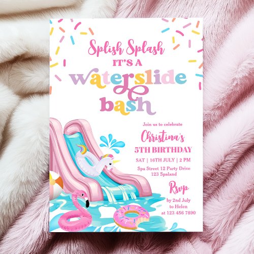 Pink Waterslide Pool Party Birthday Invitation
