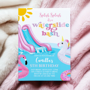 Pink Waterslide Pool Party Birthday Invitation