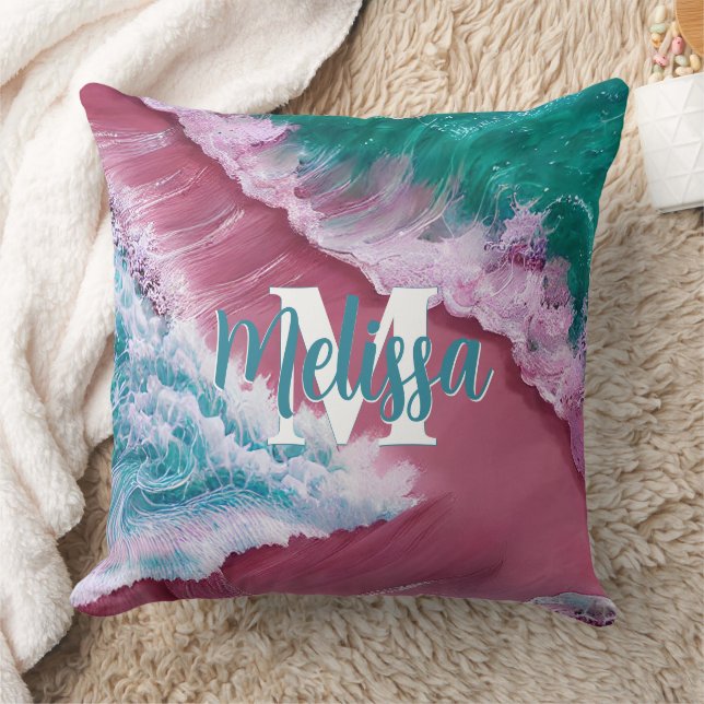 Pink wave beach Monogram Throw Pillow (Blanket)