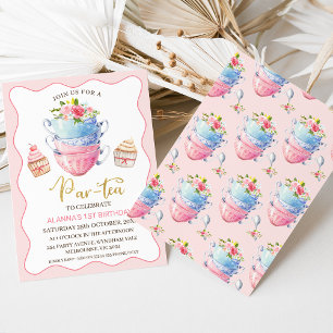 Pink Wave Floral Par-tea Tea Party Birthday Invitation