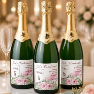 Pink Wave & Floral Table Number Sparkling Wine Label
