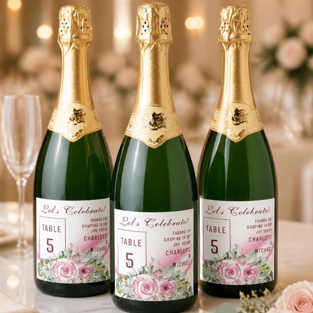 Pink Wave & Floral Table Number Sparkling Wine  Label (Creator Uploaded)