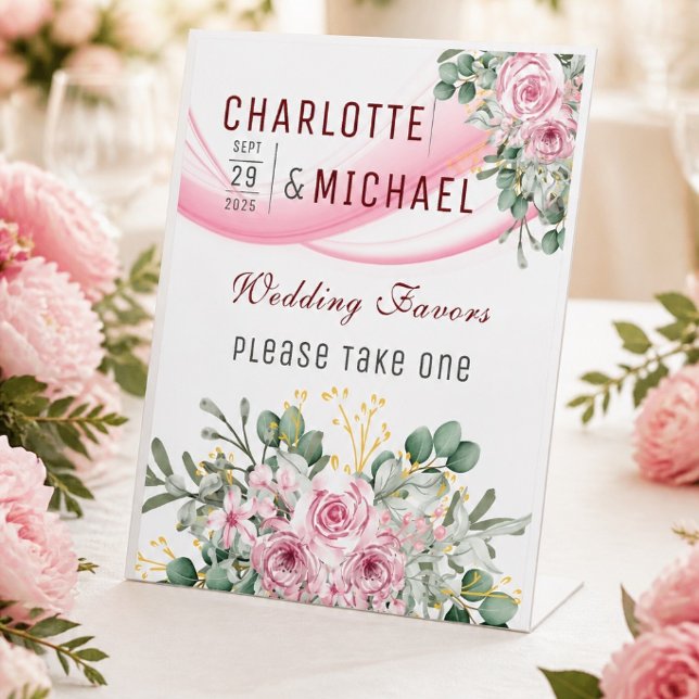 Pink Wave & Floral Wedding Favor Table Sign (Creator Uploaded)