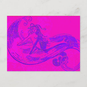 pink wave mermaid postcard