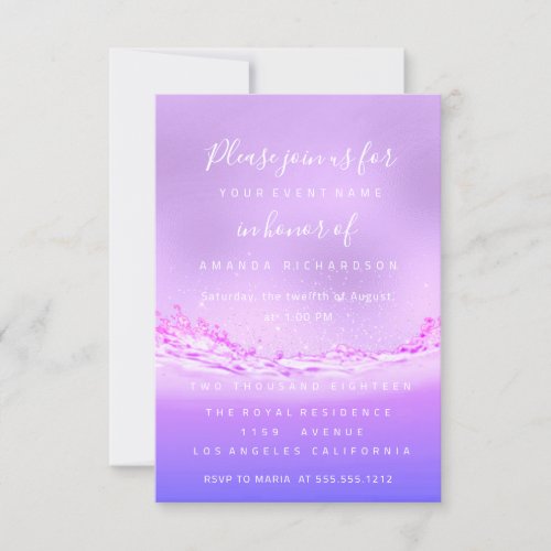 Pink Waves Bridal Sweet 16th Spark Confetti Purple Invitation