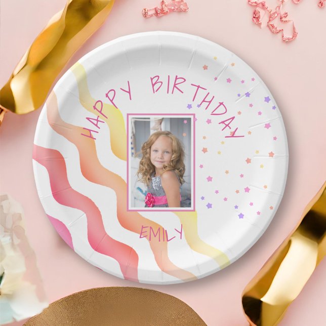 Pink Waves Stars Girl Birthday Party Photo Paper Plates (Creator Uploaded)