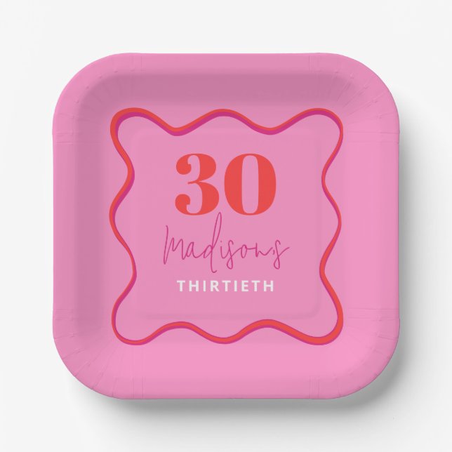 Pink Wavy 30th Birthday Party  Paper Plates (Front)