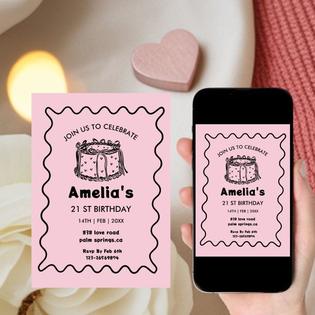 Pink Wavy Birthday hand drawn cake Invitation (Creator Uploaded)