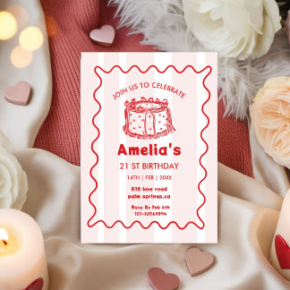 Pink Wavy Birthday hand drawn cake Invitation