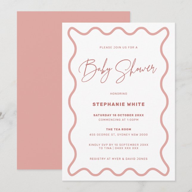 Pink Wavy Border Baby Shower Party Invitation (Front/Back)