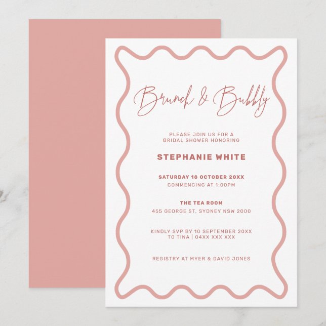 Pink Wavy Border Brunch and Bubbly Invitation (Front/Back)