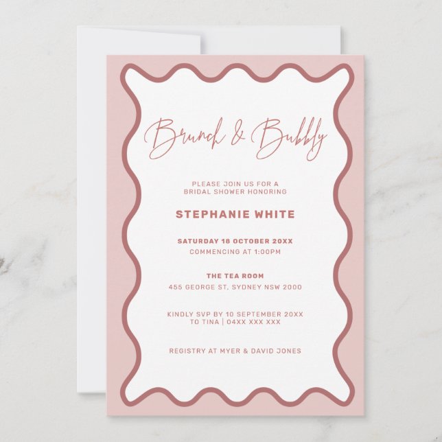 Pink Wavy Border Brunch and Bubbly Invitation (Front)