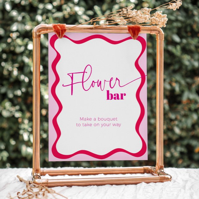 Pink Wavy Border Flower Bar Make a Bouquet Favors Pedestal Sign (Hot pink wavy border flower bar sign - make a bouquet to take on your way)