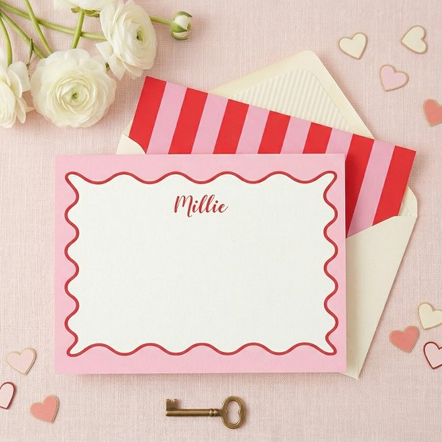 Pink Wavy Border Personalized Note Card (Creator Uploaded)