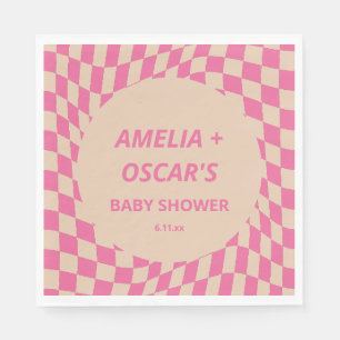 Pink Wavy Checker Couples Baby Shower Names Napkins