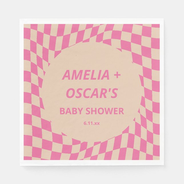 Pink Wavy Checker Couples Baby Shower Names Napkins (Front)