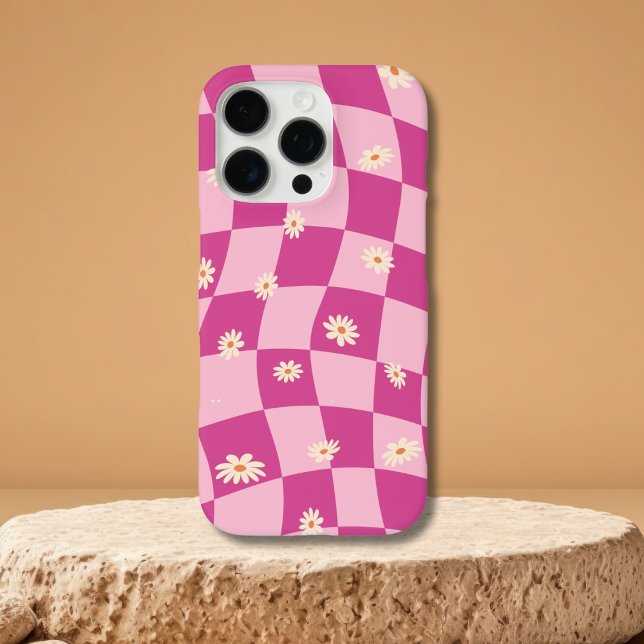 Pink Wavy Checkerboard Daisy iPhone 15 16 cases (Creator Uploaded)