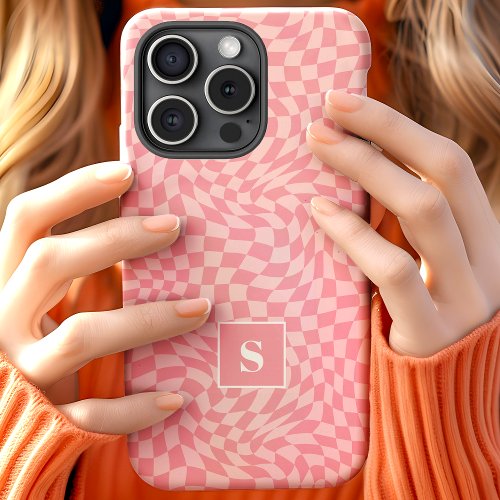 Pink Wavy Checkered Monogrammed iPhone 15 Case