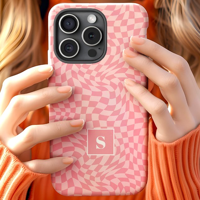 Pink Wavy Checkered Monogrammed Case-Mate iPhone Case (Creator Uploaded)