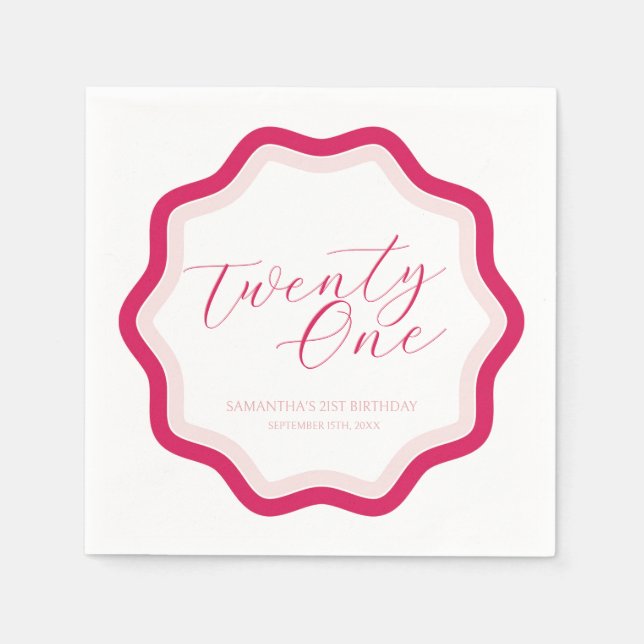Pink Wavy Curvy Squiggly Girls 21st Birthday Napkins (Front)