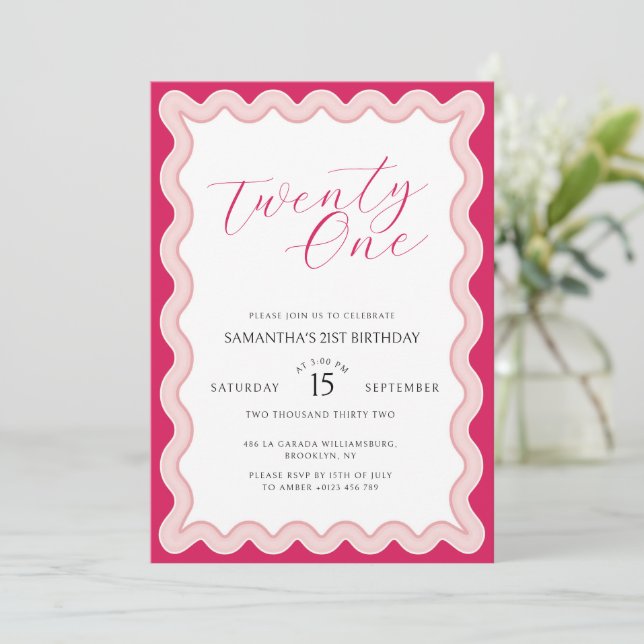 Pink Wavy Curvy Squiggly Ladies 21st Birthday Invitation (Standing Front)