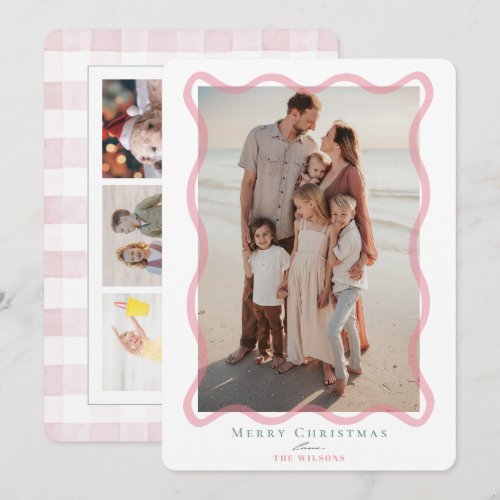 Pink Wavy Frame 4 Photos Christmas Holiday Card
