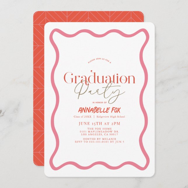 Pink Wavy Frame Trendy Graduation Invitation (Front/Back)