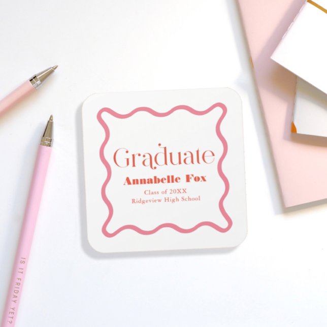 Pink Wavy Frame Trendy Graduation Square Sticker (Creator Uploaded)