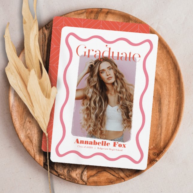 Pink Wavy Frame Trendy Photo Graduation Invitation (Creator Uploaded)