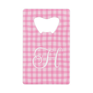 Pink Wavy Gingham Girly Curly Calligraphy Monogram Credit Card Bottle Opener