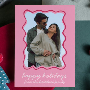 Pink Wavy Hand Drawn Whimsical Border Photo  Holiday Card