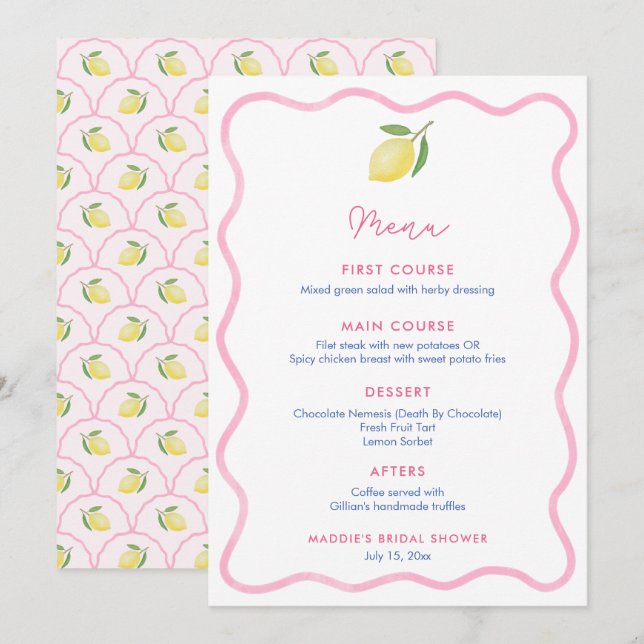 Pink Wavy Line Lemon Baby Shower Place Card (Front/Back)