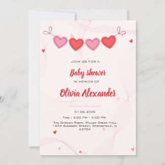 Pink wavy lines with cute red hearts baby shower  invitation