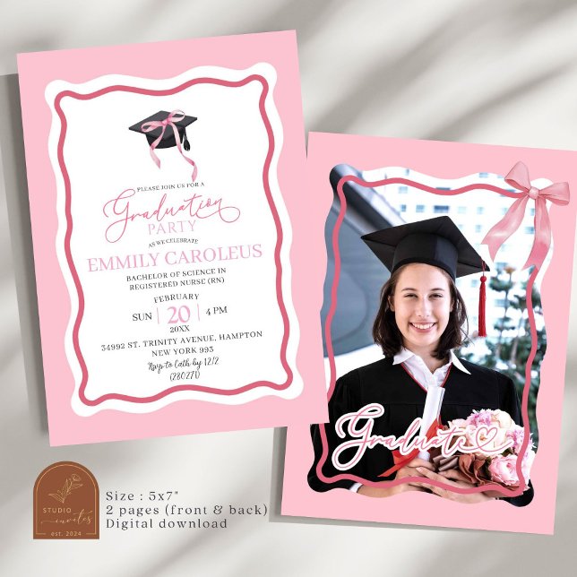 Pink Wavy Retro Graduation With Photo Invitation (Creator Uploaded)