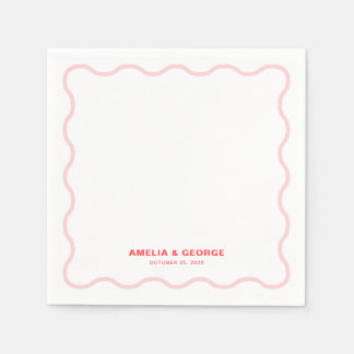 Pink Wavy Retro Wedding Cocktail Napkins