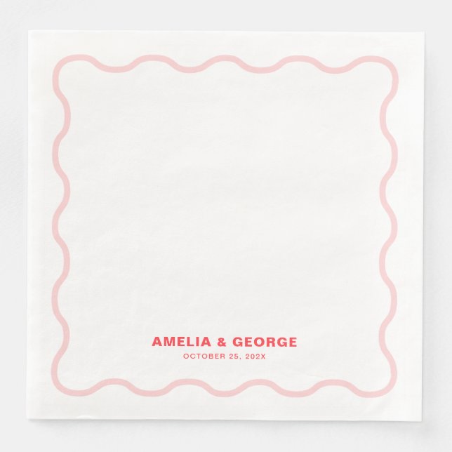Pink Wavy Retro Wedding Paper Dinner Napkins (Front)