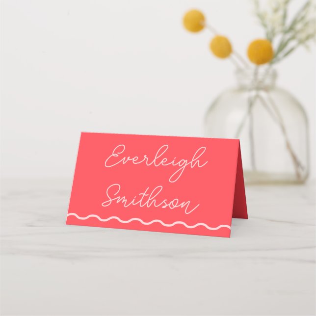 Pink Wavy Retro Wedding Place Card (Front)