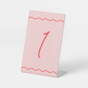Pink Wavy Retro Wedding Table Number Pedestal Sign