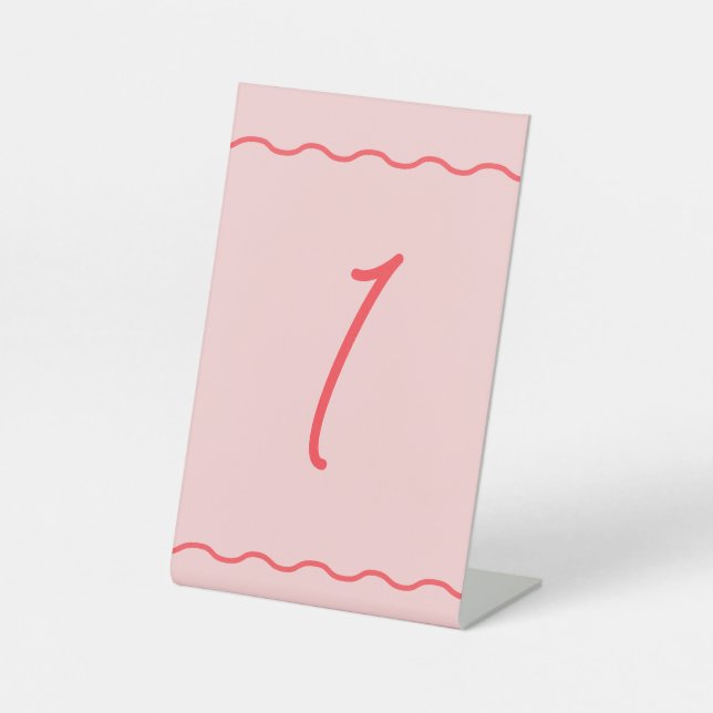 Pink Wavy Retro Wedding Table Number Pedestal Sign (Front)