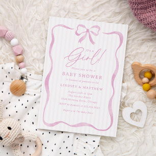 Pink Wavy Ribbon Bow Girl Baby Shower Invitation