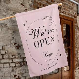 Pink We Are Open Trendy Salon Boutique Logo House Flag