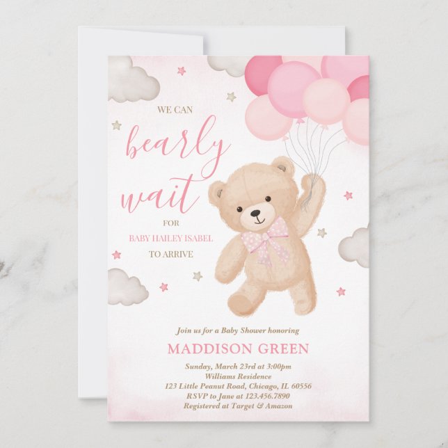 Pink We Can Bearly Wait Baby Shower Invitation (Front)