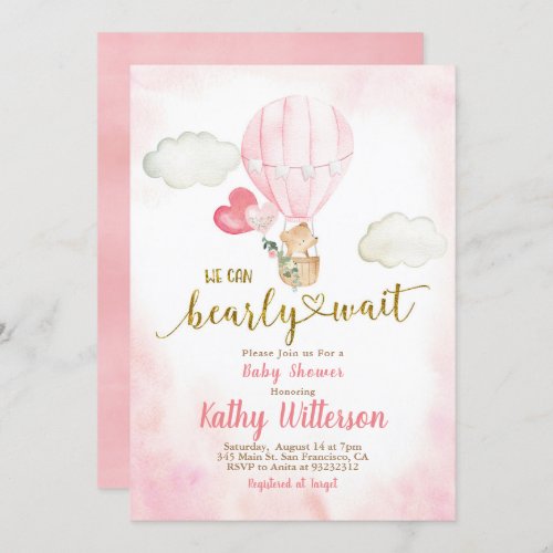 Pink We can Bearly Wait Baby Shower Invitation