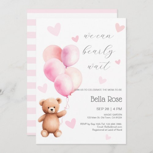 Pink We Can Bearly Wait Baby Shower Invitation