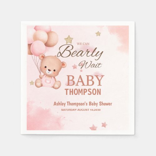 Pink We Can Bearly Wait Baby Shower Paper Napkin